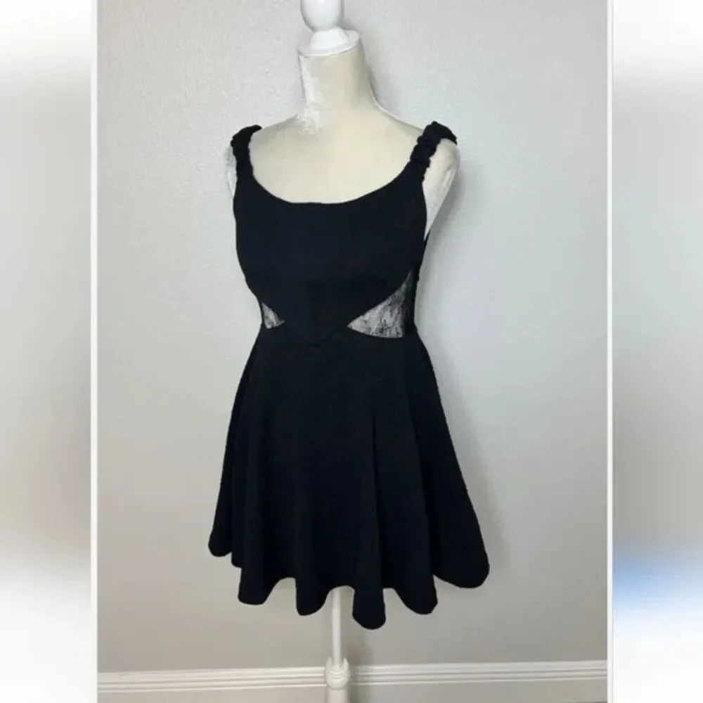 Free People Brooklyn Mini Skater A Line Dress Lace Black Textured Knit New SZ M